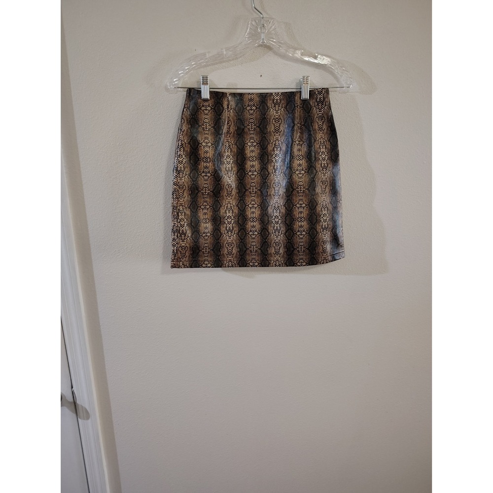 Loveriche Womens Brown Snakeskin Faux Leather Mini Skirt High Waisted S